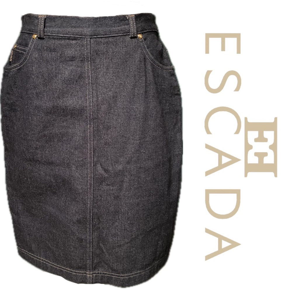 ESCADA Margaretha Ley Luxury Denim Pencil Skirt Gold Accents Embroidered Vintage